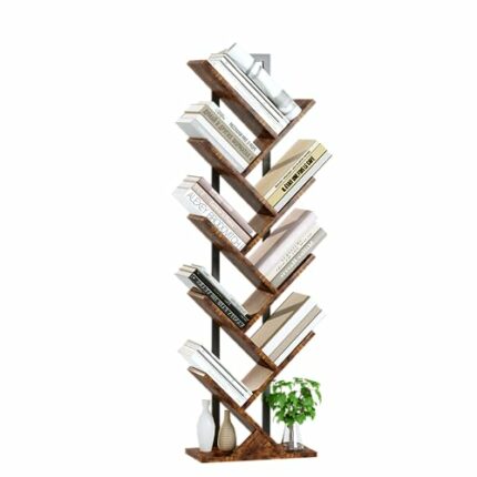 Yusong Tree Bookshelf, Floor Standing Bookcase with Steel Pipe for Living Room Bedroom, Organizer Shelves for Home Office (Brown, 9 Tier)