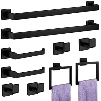 10-Pieces Matte Black Bathroom Accessories Set, SUS304 Stainless Steel Bath Towel Bar Set, Towel Racks for Bathroom Wall Mounted