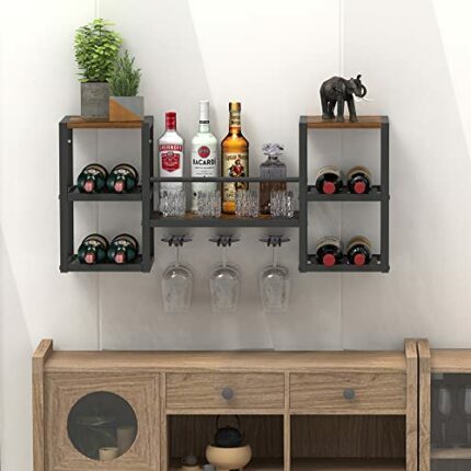 VEDECASA Industrial Brown Wall Mounted Wine Rack with 3 Steam Glass Holder Hanging Wine Rack Home Bar Shelf for Kitchen Bar Dining Room Metal Fra
