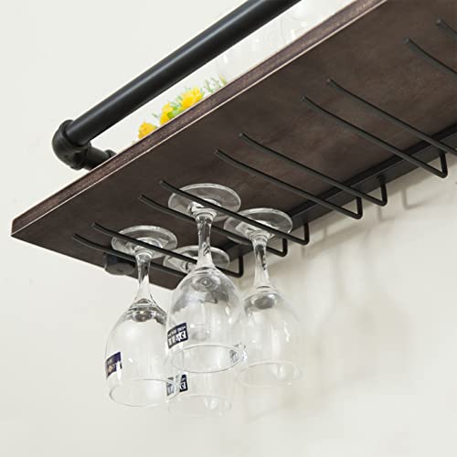 Industrial Wine Rack Wall Mounted with Wine Stemware Rack Vintage Rustic Wine Bottle Glass Holder - Holds 5 Glasses and 5 Wine Bottles - 23.6 * 7
