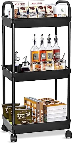 3-Tier Plastic Rolling Utility Cart with Handle, WASJOYE Multi-Functional Storage Trolley for Office, Bathroom, Nursery, School Supplies, Narrow