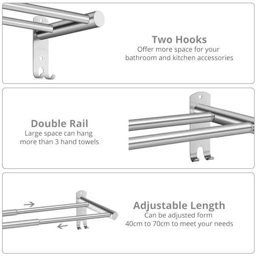 Double Towel Rail Tanice Stainless Steel Towel Rail Retractable 40-70 cm/15.75-27.56 Inch Towel Rack Wall Mounted with Screws for Bathroom and Ki