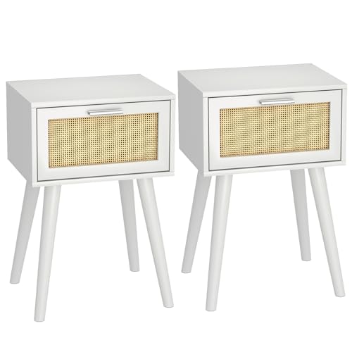 LAATOOREE Nightstand Set of 2, Small End Table with Rattan Door, Bedside Table with Solid Wood Feet, Boho Side Table for Bedroom Living Room Smal