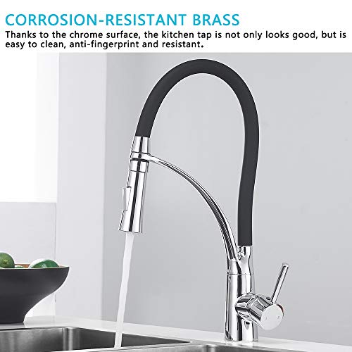 Heable Pull Down Kitchen Sink Mixer Tap with Dual Function Sprayer, Single Lever Swivel Spout Kitchen Taps with Black Silicone Hose, Available Ch