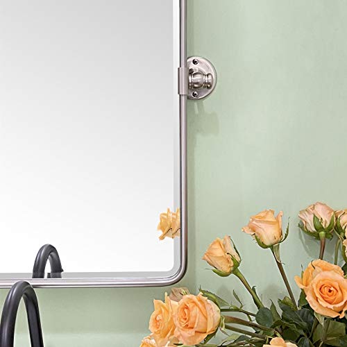 TEHOME 20 x 24 inch Farmhouse Nickel Metal Framed Pivot Rectangle Bathroom Mirror Rounded Rectangluar Tilting Beveled Vanity Mirrors for Wall