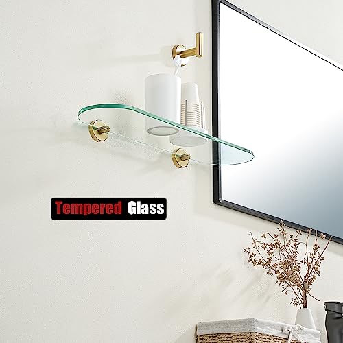 JQK Bathroom Glass Shelf Gold, Tempered Glass Shower Storage 20 by 5 inches, 304 Stainless Steel Brushed Gold Wall Mount, TGS121L20-BG