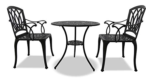 Homeology POSITANO Garden & Patio Table & 2 Large Chairs with Armrests Cast Aluminium Bistro Set - Black