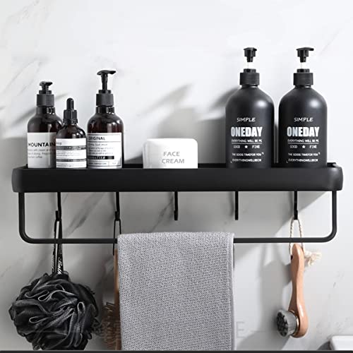 Modern Double Layer Bathroom Storage Shelves and One Towel Bar and 5 Moveable Hooks, Black Aluminum Towel Holders Towel Rack, Shower Storage Shel