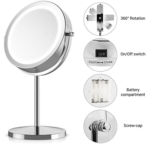 Navaris LED Illuminated Makeup Mirror - Two-Sided Vanity Mirror with Normal and 5x Magnification - 2-in-1 360° Swivel Cosmetics Mirror - Silver