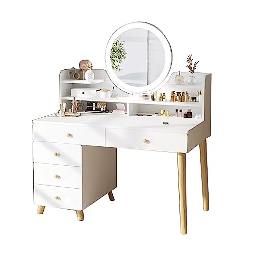 HAWEWE Vanity Table With Mirror And Lights White Makeup Table Vanity Dresser With 5 Drawers, Storage Shelves For Women Girls Bedroom Living Room