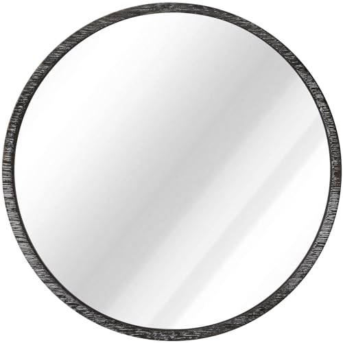 JJUUYOU Round Wall Mirror with Wood Frame, Small Hanging Wall Decorative Mirror Distressed Natural Wooden Farmhouse Frame for Bedroom, Bathroom o