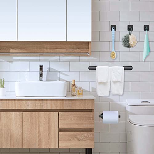 Black Towel Rail Set,JiGiU 5 Pieces Self Adhesive Bathroom Hardware Kit 16 inch Hand Towel Holder,Toilet Paper Holder & 3 Towel Hook SUS304 Stain