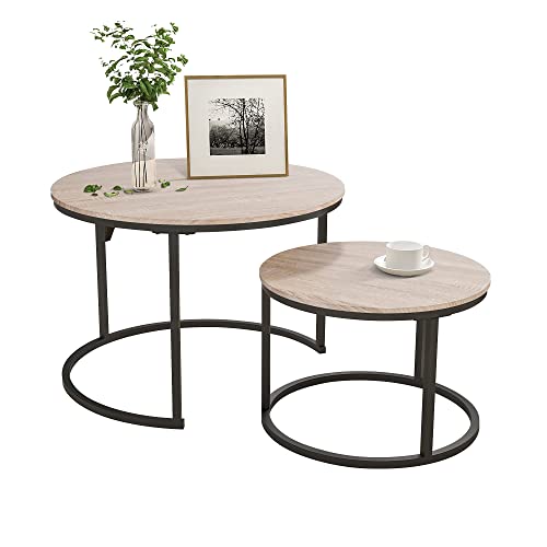 HOJINLINERO Black Round Coffee Table Set of 2 Side/ End Table for Living Room, Bedroom Decorations, Industrial Stacking Wood Look Accent Furnitur