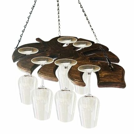 Wall Mounted Wine Glass Holder, Adjustable Wine Glass Shelf Under The Cabinet, Hanging Wine Glass Storage Rack For Shelf, Monstera Leafy Wooden G