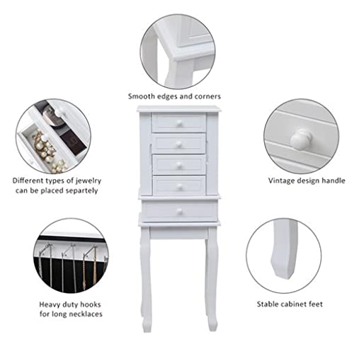 FGHOEV Standing Jewelry Armoire with, 5 Drawers & 14 Necklace Hooks, Jewelry Cabinet Chest with Removable Ring Storage Slot