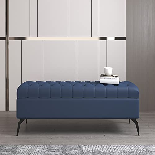 Rectangle Storage Bench,Solid Wood End of Bed Bench with Storage,Leather Upholstered Storage Bench,Modern Storage Chest Bedroom Bench-Blue 100x40