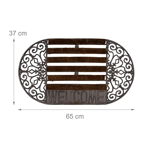 Relaxdays Door Mat Cast Iron Doormat with Bristles, Oval with "WELCOME" Lettering, 4 x 65 x 37cm, Art Nouveau Rustic Welcome Mat made of Robust P