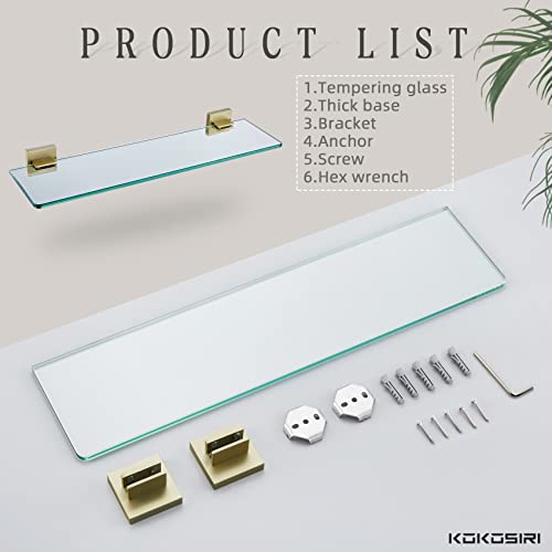 KOKOSIRI Wall Shelves Floating Bathroom Glass Shelf Kitchen Storage, 20'' x 5.6'' Tempered Glass Wall Mounted Brushed Gold Stainless Steel B1106B
