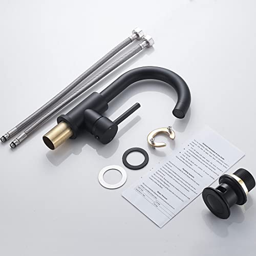 NewEast Basin Mixer Tap with Pop up Waste and Swivel Spout, Modern Black Brass Single Lever Bathroom Sink Tap Mixer