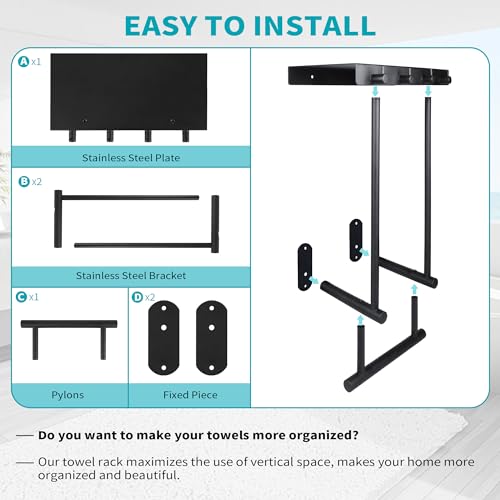 romise Towel Racks for Bathroom, Towel Holder Organizer with Black Metal Shelf and 4 Towel Hooks, Bath Wall Mounted Towel Hanger Storage, Wall Sh