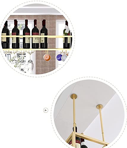 EMISOO Hanging Ceiling Shelf Hanging Wine Rack, Metal Ceiling Bottle Rack, Adjustable Height Black/Gold Display Wine Storage Holder with Stemware