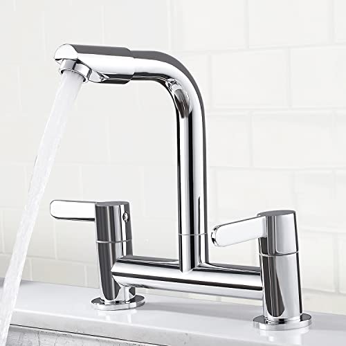 Kitchen Mixer Tap 2 Hole with 360° Aerator, Swivel Sink Bridge Taps Monobloc Dual Lever Faucet, 180mm Centres Deck Mounted with G1/2 Hose UK Stan