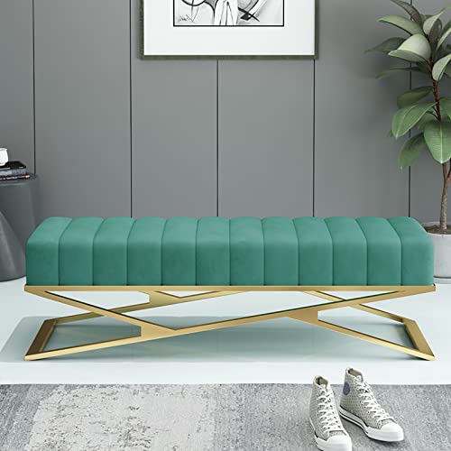 Luxury Plush Bedroom Bench Seat with X-Shaped Metal Base,Decorative Tufted Accent Shoe Bench for Living Room,Modern Velvet Upholstered Entryway B