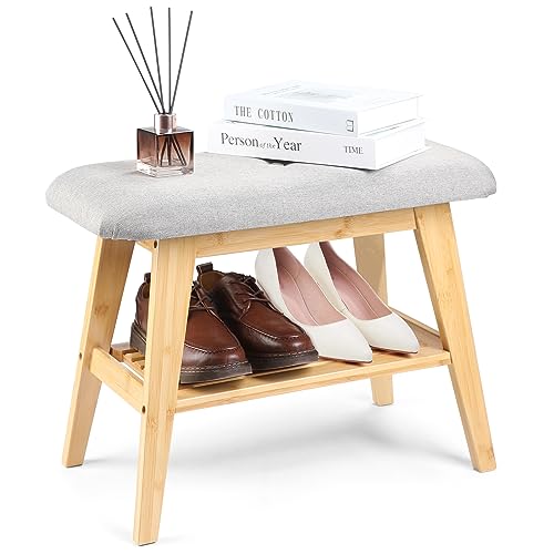 Joyoolife Shoe Storage Bench with Cushion, 2-Tier Shoe Bench with Storage and Seating, Bamboo Shoe Storage Bench with Cushion and Shelves