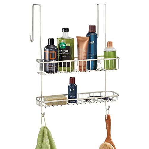 mDesign Wide Over Shower Door Bathroom Tub & Shower Caddy, Hanging Storage Organiser Center - Built-in Hooks, Baskets on 2 Levels for Bathroom Sh