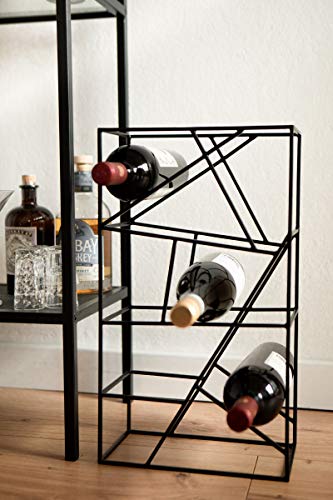 LaLe Living Vino Wine Rack in Black Brushed Iron for 9 Wine Bottles 26 x 45.5 cm for Storing, Storing Wine and Water Bottles in Geometric Design