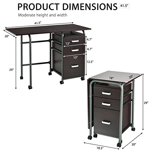 WALNUT Folding Computer Laptop Desk On Wheels Home Office Furniture With 3 Drawers Desk (Color : Argento, Size : 18.5"x20"x29")