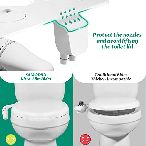 SAMODRA Ultra-Slim Bidet,Bidet Attachment for Toilet UK, Non-Electric Bidet Seat Attachment Dual Nozzle (Rear/Feminine Wash),with Hose and Brass