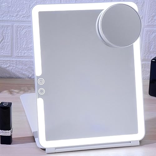 FUNTOUCH Rechargeable Makeup Mirror with Light, Portable Lighted Travel Mirror with 10X Magnifying, 3 Colors Light Modes, Touch Screen Dimming Fo