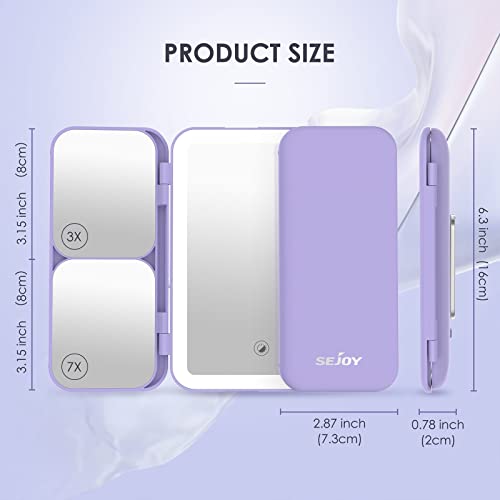 LED Makeup Mirror with Lights 3 Colour Light Rechargeable Portable Travel Mirror with 1X/3X/7X Magnification, Tri-Fold Lighted Vanity Mirror Make