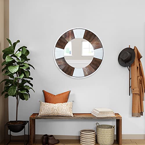 JJUUYOU Round Wall Mirror 19" Wooden Circular Mirror for Bathroom, Rustic Brown Vanity Mirror Wall Decor Wood Frame Make up Mirror for Living Roo