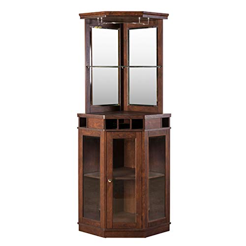 Home Source Dining Room or Lounge Corner Bar Cabinet for Liquor and Glasses with Wood Frame and Wine Rack