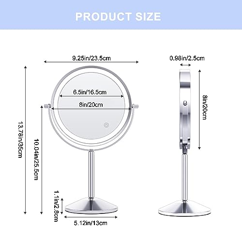 Mokoze Lighted Makeup Mirror, Rechargeable Stand Up Mirror, 8" Double Sided 1X/10X Magnification with 3 Color Lights 360 ° Rotating Touch Control