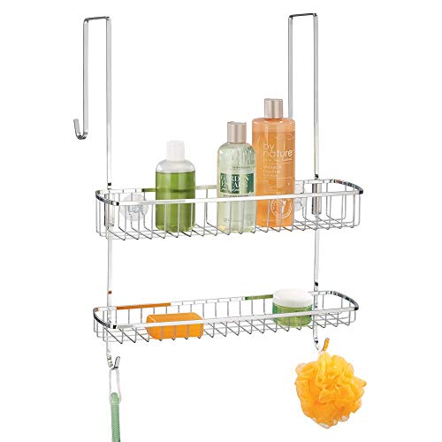 mDesign Wide Over Shower Door Bathroom Tub & Shower Caddy, Hanging Storage Organiser Center - Built-in Hooks, Baskets on 2 Levels for Bathroom Sh