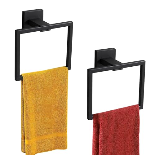 Orlif Matte Black Towel Holder SUS304 Stainless Steel Bathroom Hand Towel Rack, Square Towel Ring Wall-Mounted,Towel Hangers 2 Pack