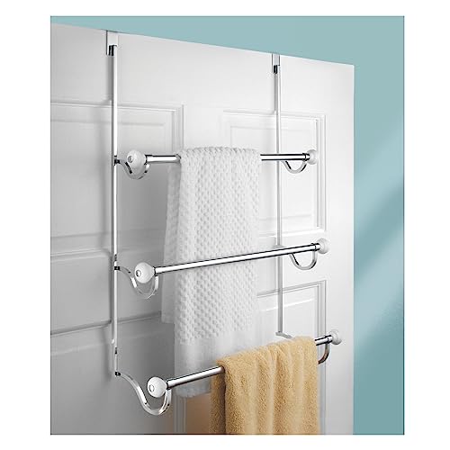 mDesign Over the Door Towel Rail – Modern Bathroom Towel Rack with 3 Bars – Hanging Towel Storage Rack – Essential Bathroom Storage – White/Chrom