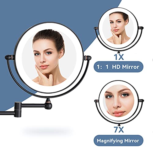DOWRY Wall Mounted Magnifying Mirror with Light 1x/7x Black Bronze Extendable Illuminated Shaving Mirror 360 ° Rotatable Double Sided Mirror,Diam