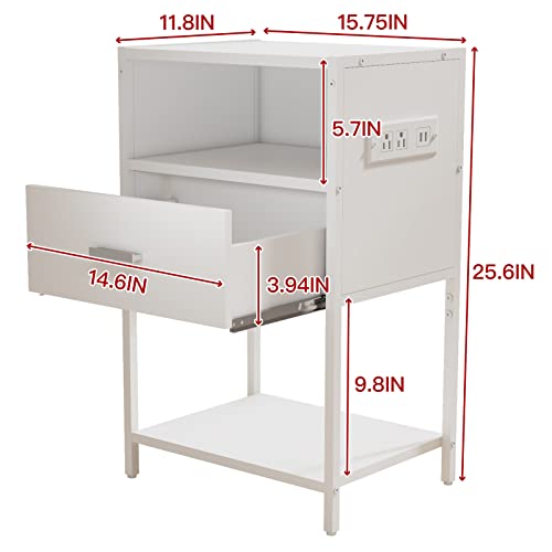 LDTTCUK Nightstand Set of 2 with Charging Station, Modern End Table with Drawer, White Bedside Table with Open Storage for Bedroom