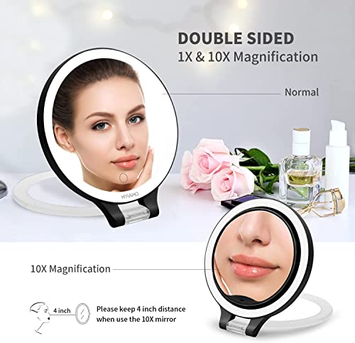Double Sided Makeup Mirror with Magnification and Lights, 1X/10X Rechargeable Lighted Vanity Mirror with 3 Color Lighting Modes Adjustable LED Ta