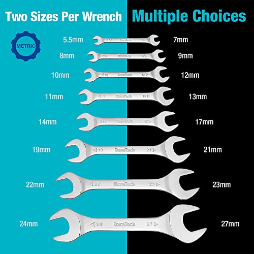 DURATECH Double Open End Spanner Set, Super-Thin Open Ended Wrench Flat Spanner Set for Narrow Space, Carbon Steel, Mirror-Chrome Plated, 8-Piece