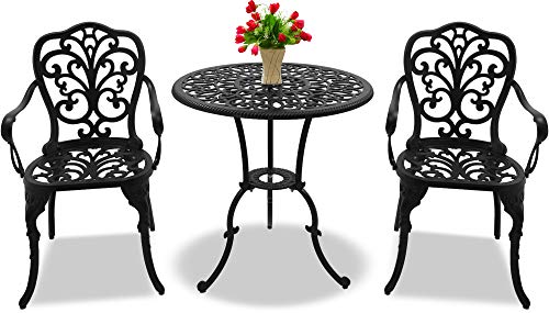 Homeology BANGUI Garden & Patio Table & 2 Large Chairs with Armrests Cast Aluminium Bistro Set - Black