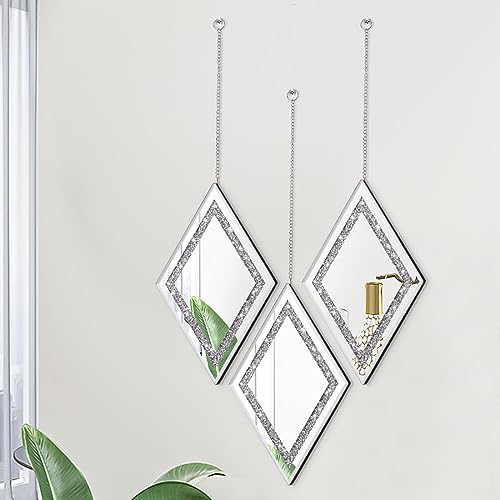 Pibeyer Silver Diamond Shaped Wall Mirror Set of 3, Decorative Crystal Crush Diamond Mirrors for Bedroom, Living Room & Hallway, Home Decor