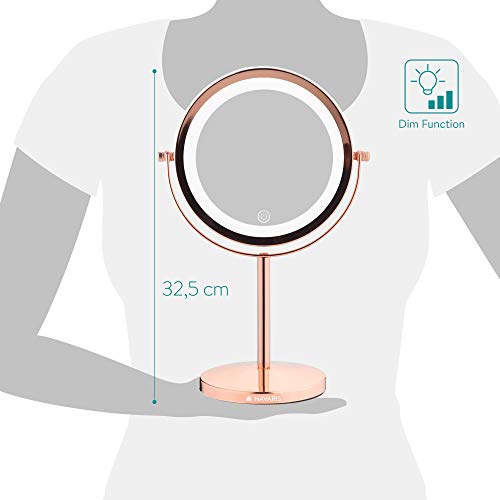 Navaris LED Illuminated Makeup Mirror - Two-Sided Vanity Mirror with Normal and 5x Magnification - 360° Cosmetic Mirror with Touch Screen - Coppe