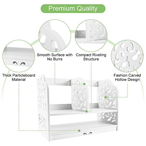 lyrlody Desktop Bookcase,2Tier DIY Wood Baroque Carve Desktop Organizer PVC Desk Book Shelf Storage Holder Rack Small Cosmetics Display Standing