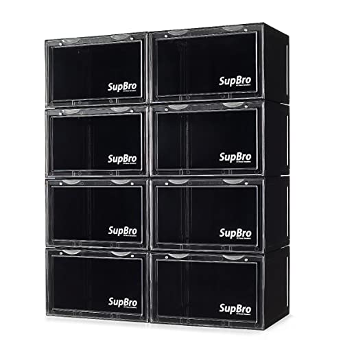 SupBro Collection Crate - Easy Access Storage Shoes Box -Plastic Foldable Stackable Sneaker Display Storage with Reflective Logo Clear Side Open