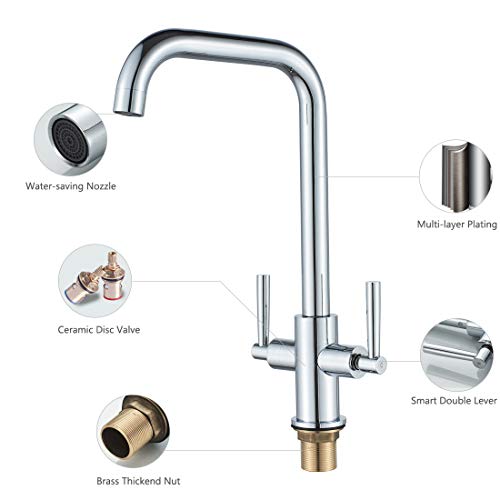 Luckyhome Kitchen Mixer Taps,Monobloc Dual Lever Chrome Brass Kitchen Sink Tap Faucet